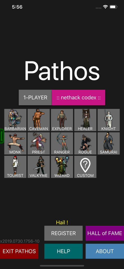 Pathos: Nethack Codex - Pathos Nethack Codexで13の異なるクラスを示すキャラクター選択画面