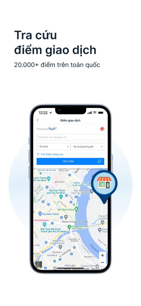 Payoo app map screen showing search for over 20000 physical payment locations in Vietnam