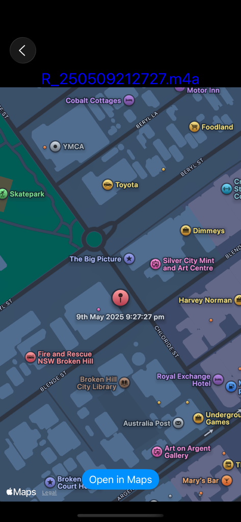 Audio Recorder with Trigger - Carte montrant l'emplacement et l'horodatage d'un enregistrement audio géolocalisé