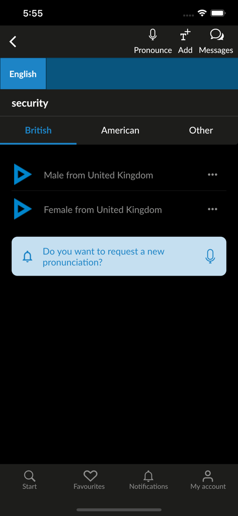 Screenshot of the Forvo app showing native British English pronunciations for the word security