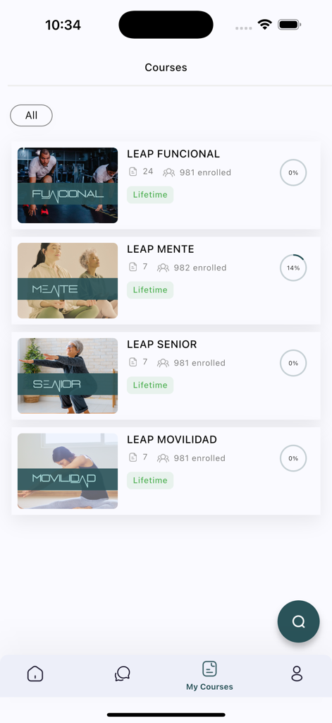LEAP FIT - The LEAP FIT app courses screen showing programs for functional training, mental health, seniors, and mobility.
