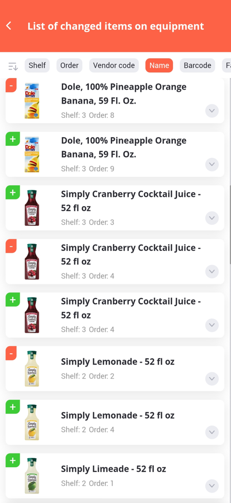 Mobile screen showing a list of changed retail items with green and red status indicators for merchandising tracking.