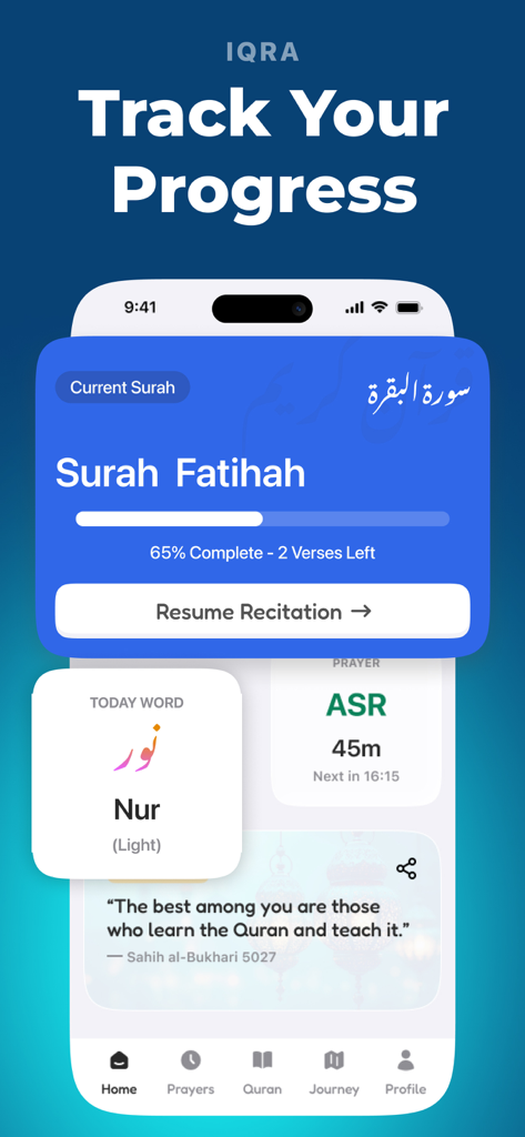 Iqra: Quran Tutor - Iqra Quran Tutor app dashboard showing Surah Fatihah recitation progress and daily prayer times