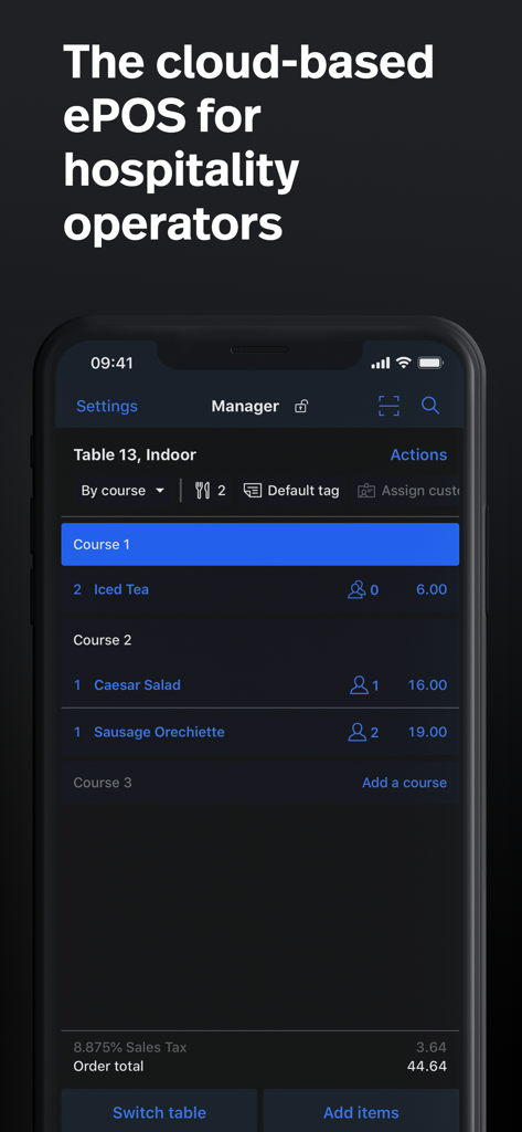 テーブル注文管理、コース選択、品目別請求が表示されるLightspeed Restaurant POSのモバイルインターフェース