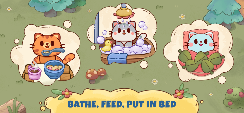 Three cute cartoon kittens being fed, bathed, and put to bed