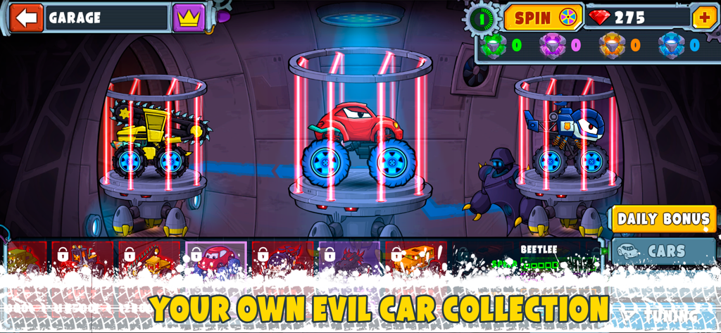 Car Eats Car Multiplayer Race - Garage menu in Car Eats Car Multiplayer Race showcasing a collection of evil monster trucks