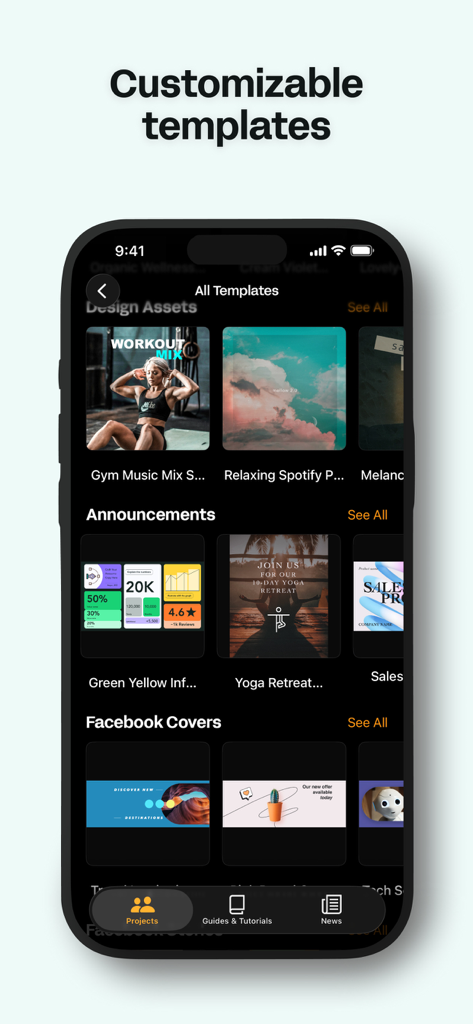 Linearity Curve mobile app interface showcasing customizable design templates for social media assets and announcements.
