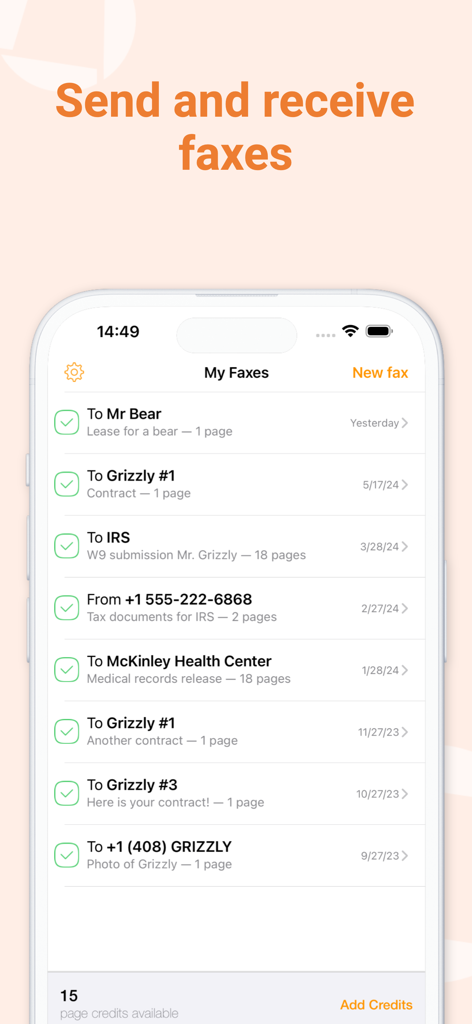 Genius Fax - Faxing app - Genius Fax app interface showing a list of sent and received faxes including status and date