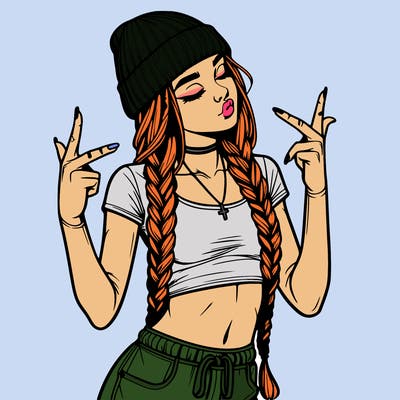 realistic teenage girl with braids and a beanie and crop top doing 🫶🏼