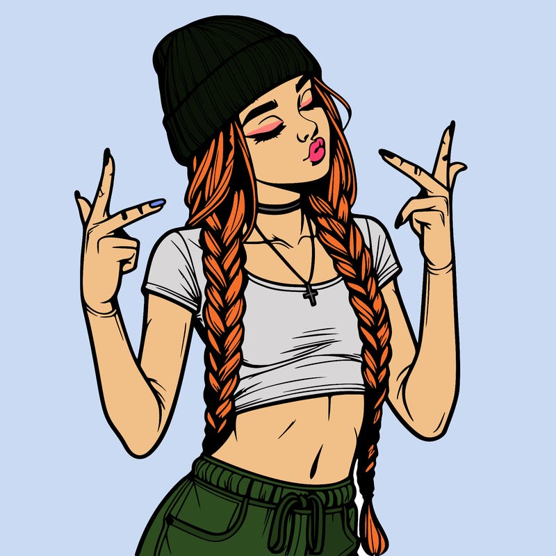 realistic teenage girl with braids and a beanie and crop top doing 🫶🏼