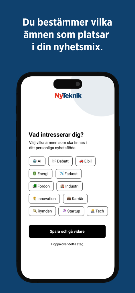 Ny Teknik app onboarding screen for personalizing news topics including AI, Energy, and Electric Vehicles