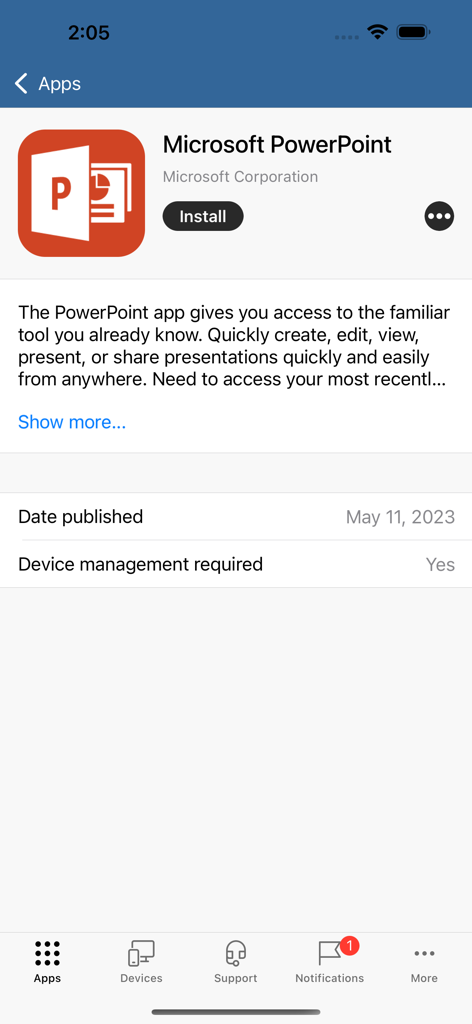 Interface do Intune Company Portal mostrando detalhes e botão de instalação para o Microsoft PowerPoint