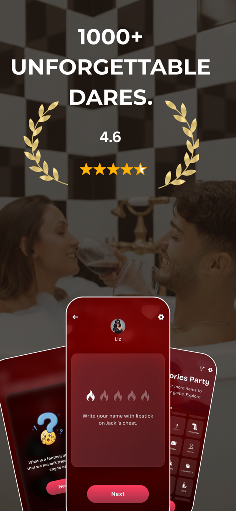 4PLAY – Games for Couples - 커플을 위한 로맨틱한 도전과 인터랙티브 게임을 보여주는 4PLAY 앱 스크린샷.