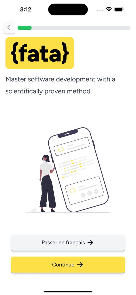 fata - Welcome screen of the fata app for mastering software development featuring an illustration of a person and a large smartphone showing code