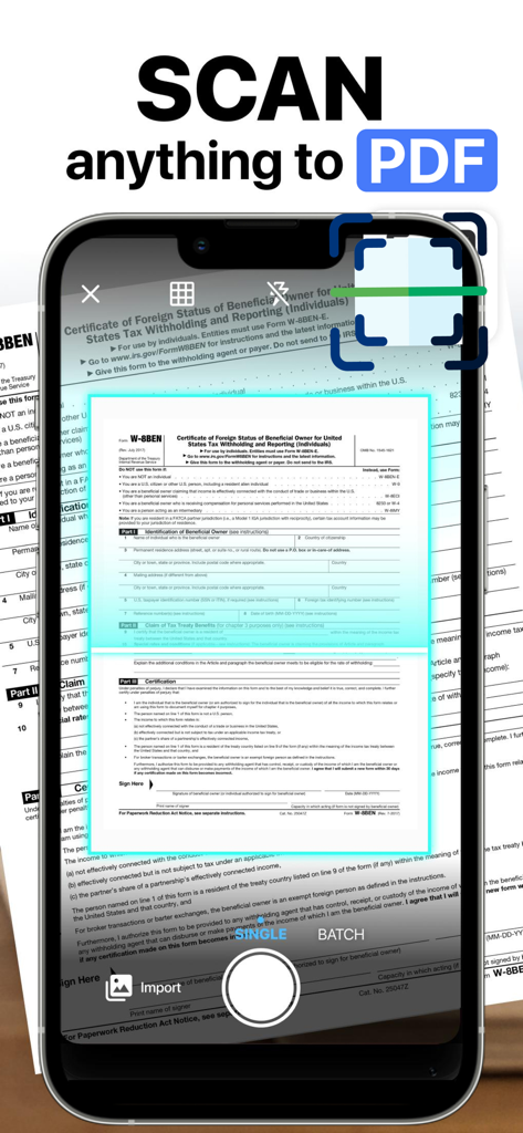 Quick Scan Pro:Scanner for Doc - Ein Smartphone, das die Quick Scan Pro App verwendet, um ein physisches Steuerdokument zu scannen und es in ein digitales PDF-Format zu konvertieren.