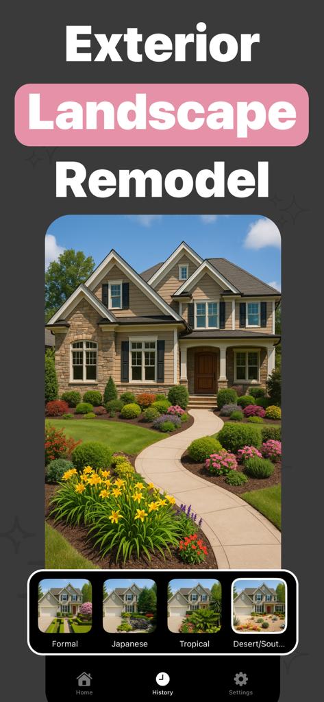 AI app interface showing exterior landscape remodeling options for a suburban house