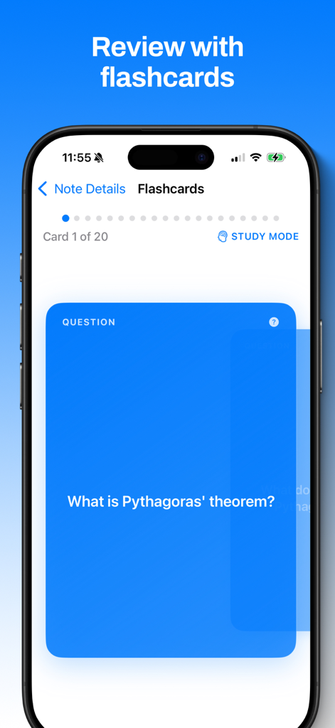AI Note Taker: Voice Summary - Interfaz de tarjetas de memoria de la aplicación AI Note Taker mostrando una pregunta de estudio sobre el teorema de Pitágoras.