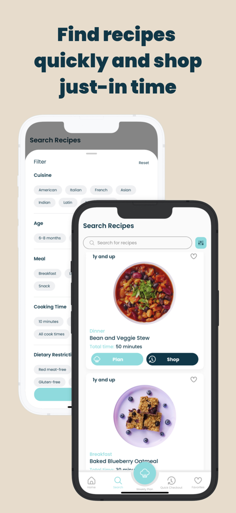 La pantalla de búsqueda de la aplicación Little Lunches muestra filtros de recetas por cocina, edad y restricciones dietéticas junto a una lista de recetas aptas para niños