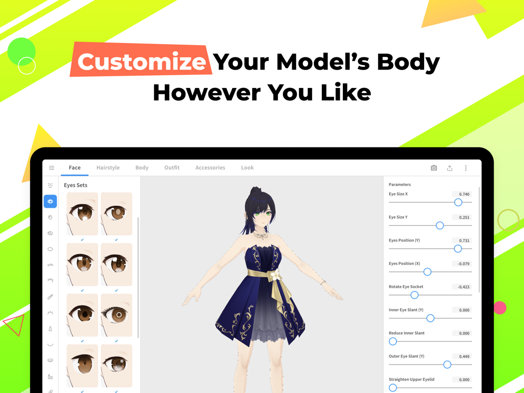 VRoid Studio - VRoid Studioのインターフェースで、3Dアニメキャラクターの顔の特徴や目を編集