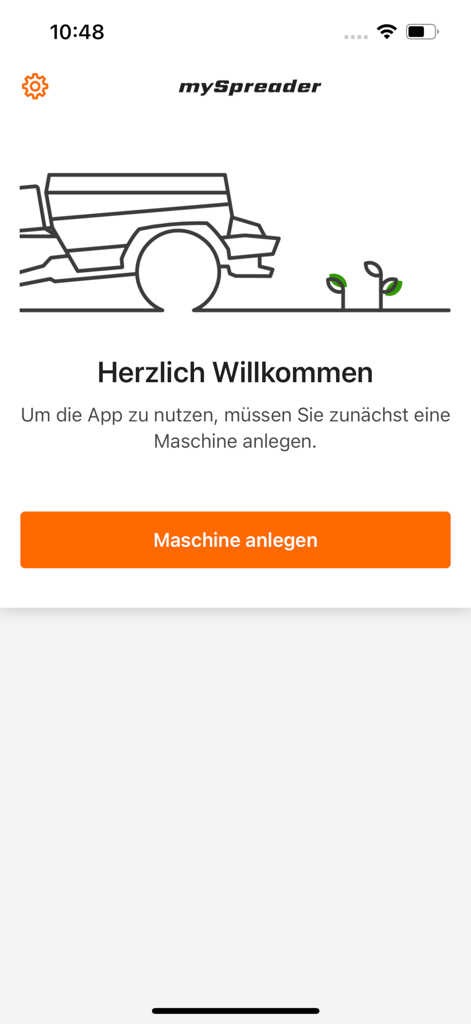 Tela de boas-vindas do aplicativo agrícola mySpreader com um prompt para adicionar uma máquina em alemão