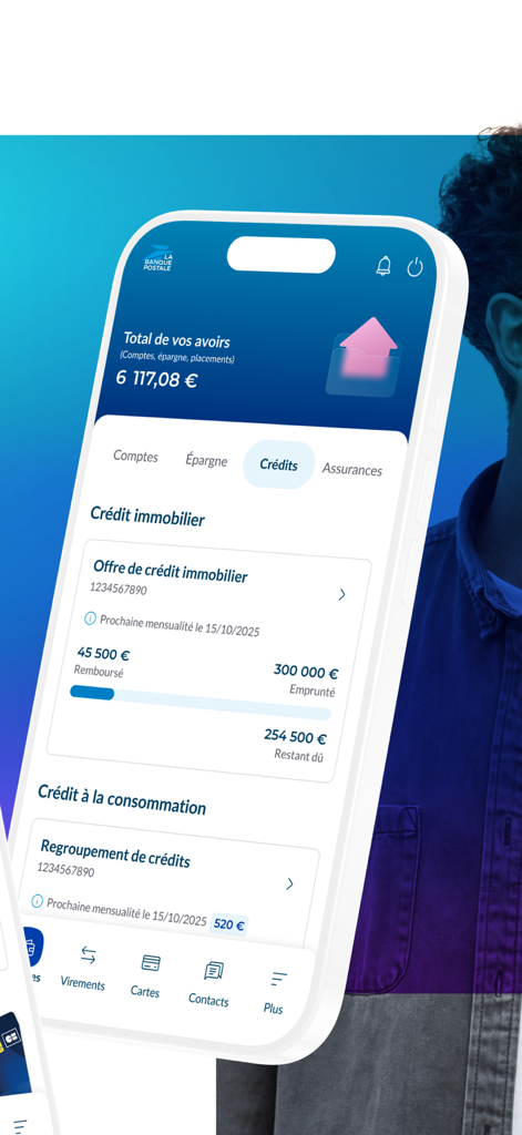 La Banque Postale mobile app interface displaying mortgage and consumer loan details in French