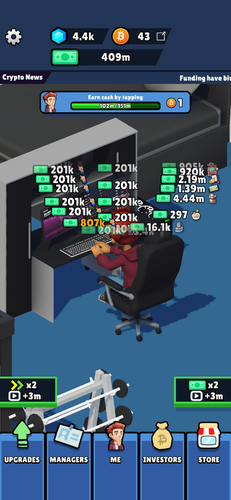 Bitcoin Empire - Screenshot di gameplay di Bitcoin Empire che mostra un personaggio a una scrivania che mina valuta virtuale con ricompense in denaro fluttuanti