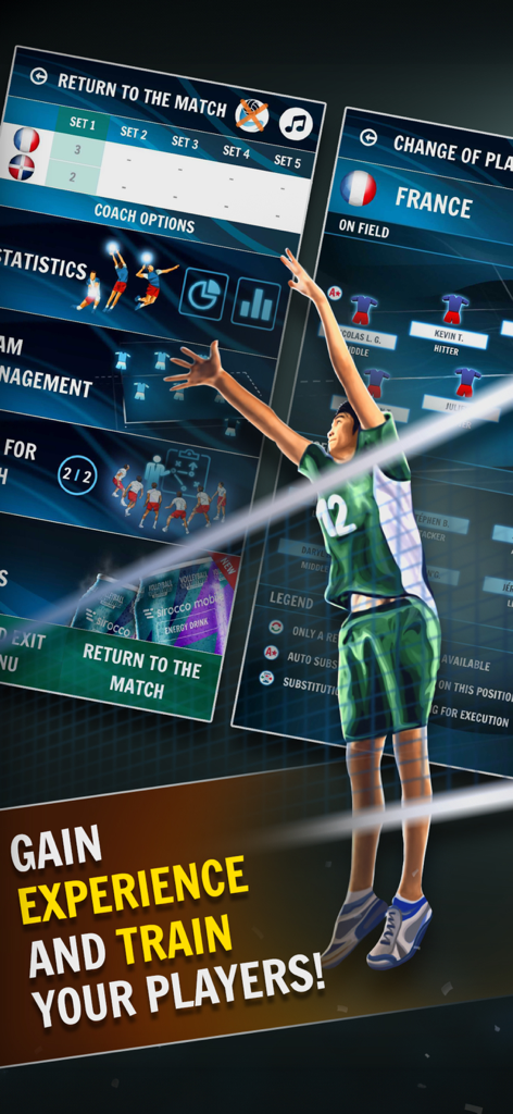 A volleyball player in action with menus for training players and managing team stats