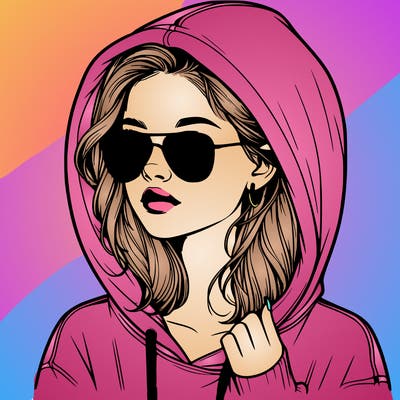 realistic teenage girl, wearing a hoodie and sunglasses