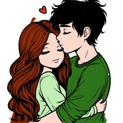 a realistic couple boy and girl hugging and kissing