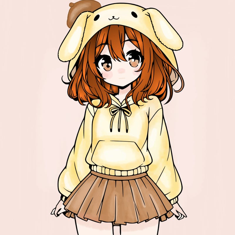 pretty anime girl wearing a fluffy hoodie with bunny ears on the hood and a skirt