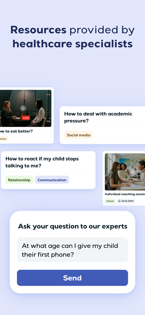 Lyynk app screen showing mental health articles and an expert Q&A feature for parents and youth