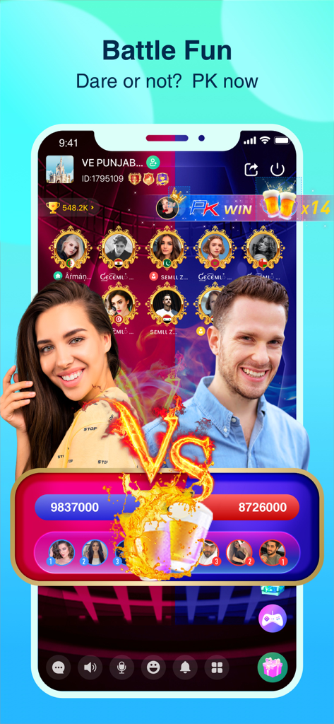Falla-Make new friends - Falla app interface showing a live voice room PK battle between two users with scoring and gift animations