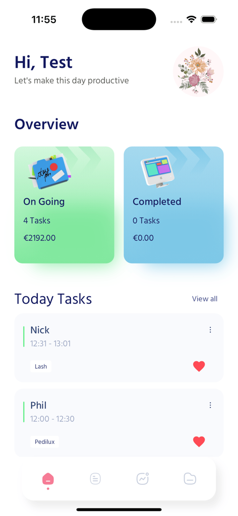 Beauty Staff - Beauty Staff mobile app dashboard showing ongoing tasks earnings and daily appointments for salon technicians