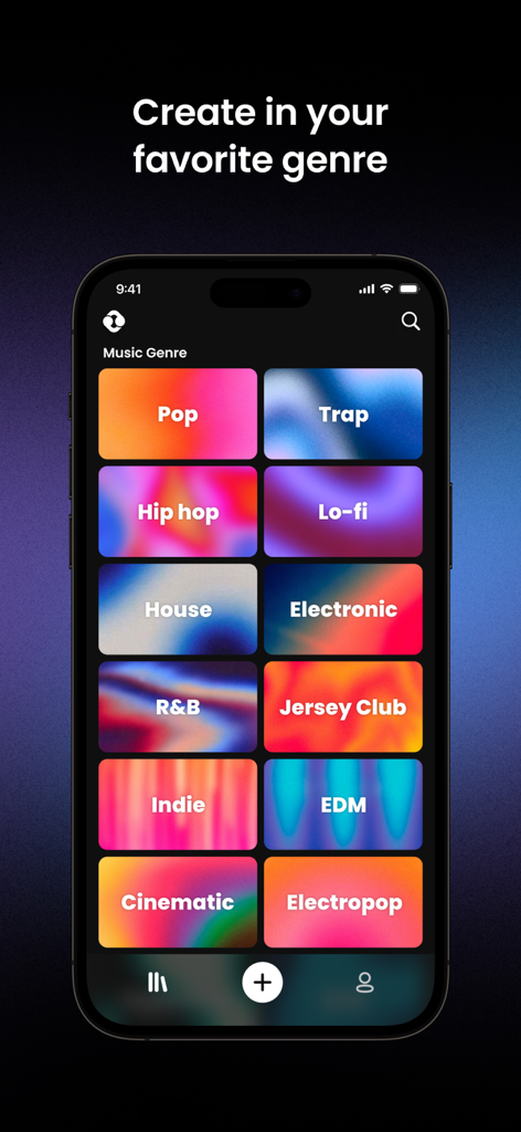 Overtune app interface showing a grid of music genres including Pop Trap and Hip hop.