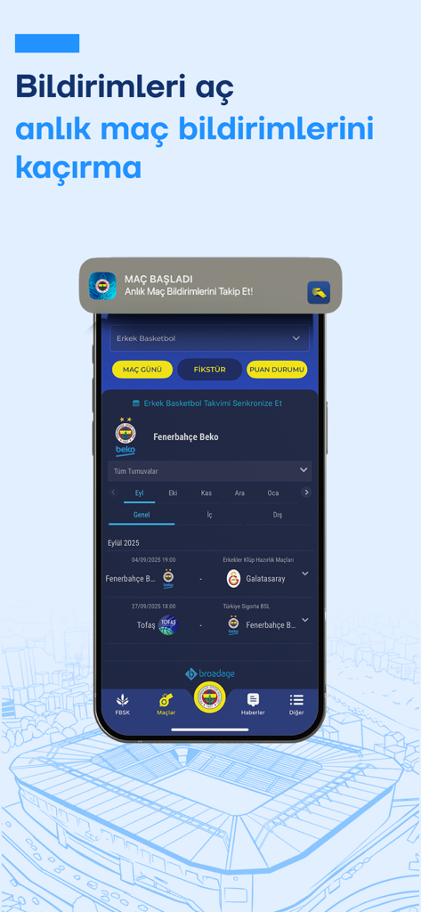 Fenerbahçe SK - Fenerbahce SK Super App interface showing match notifications and basketball fixtures