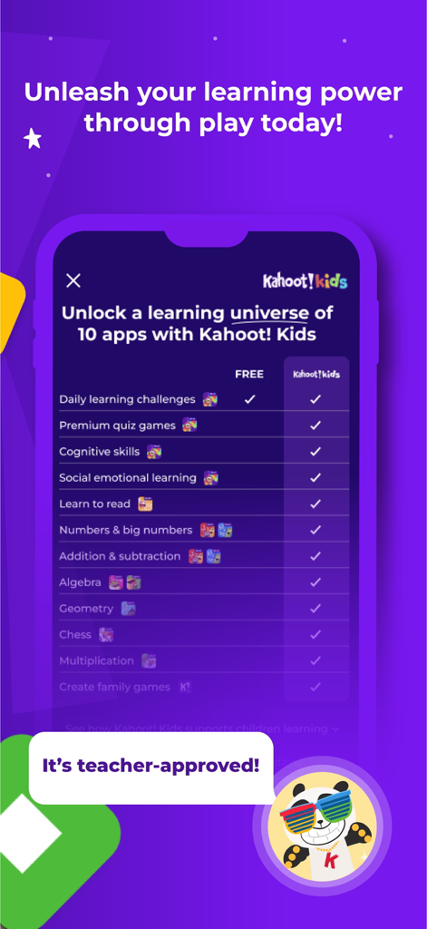 Comparison table showing free versus premium features in the Kahoot Kids app including math and literacy games