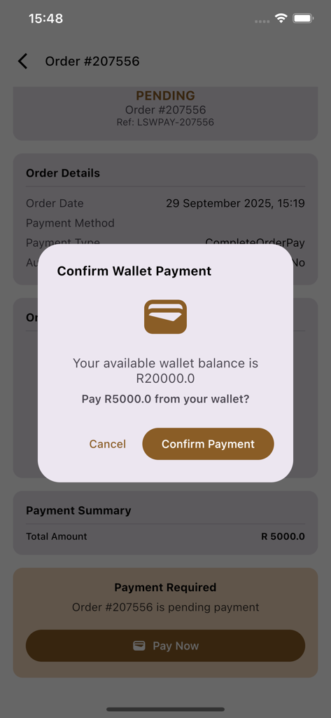 Livestock Wealth - Confirm wallet payment popup showing available balance and payment amount for an investment order