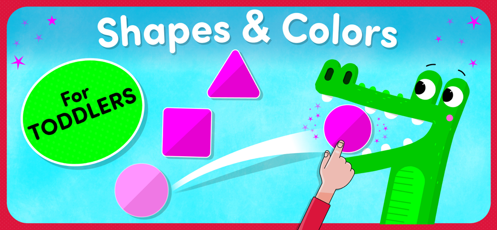 Toddler learning game interface showing a hand dragging a pink circle into a cartoon crocodile mouth with other geometric shapes