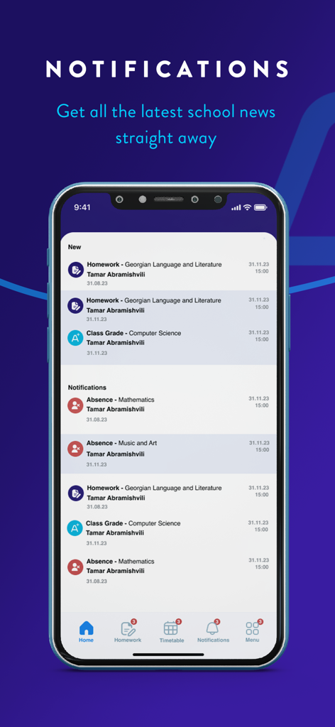 Pantalla de notificaciones de la aplicación SchoolBook que muestra alertas escolares sobre calificaciones y tareas