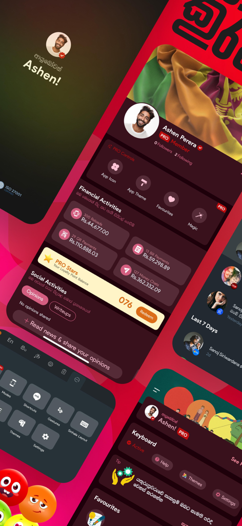 Helakuru Superapp - Sri Lanka - Collage of Helakuru Superapp interface screens showing user profile, financial dashboard, and keyboard customization settings