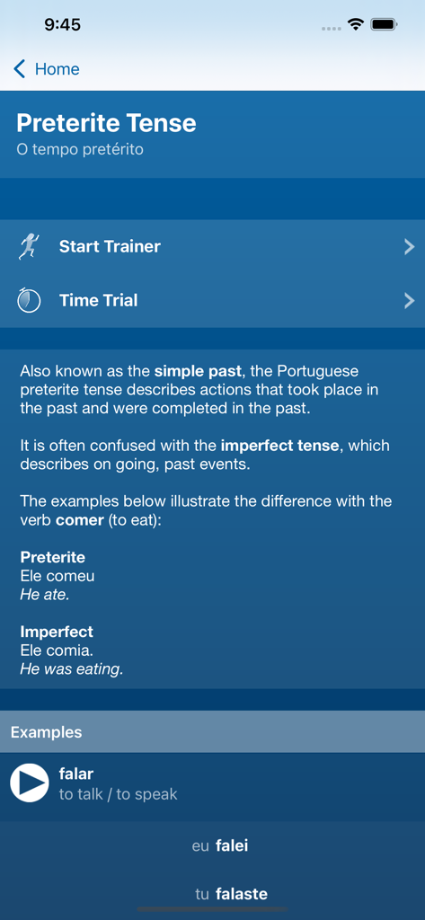 Portuguese Verbs Trainer - Portuguese Verbs Trainer app screen explaining the preterite tense with conjugation examples