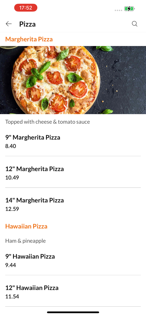 Al KababJi Charcoal - Al KababJi Charcoal app screen showing pizza menu options including Margherita and Hawaiian with prices and sizes
