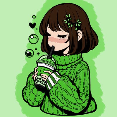 manga girl drinking boba in cozy sweater