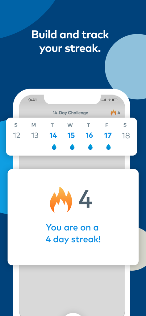 Waterpik™ Water Flossing - Waterpik app interface showing a 4 day flossing streak and 14 day challenge calendar