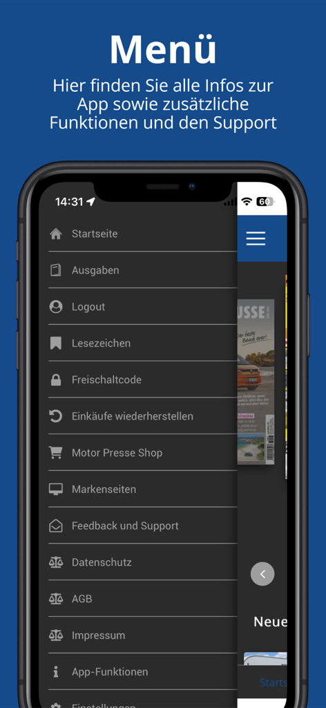 The side navigation menu of the Camping Kiosk app showing various options like magazine issues bookmarks and support