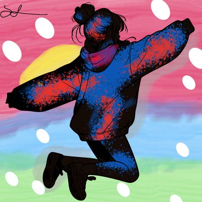 realistic girl jumping with a bun and oversized sweatshirt