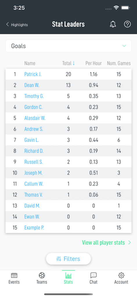 Ollie - Team/Club Management - Leaderboard of player goals in the Ollie sports team management app showing stats like total goals and goals per hour.