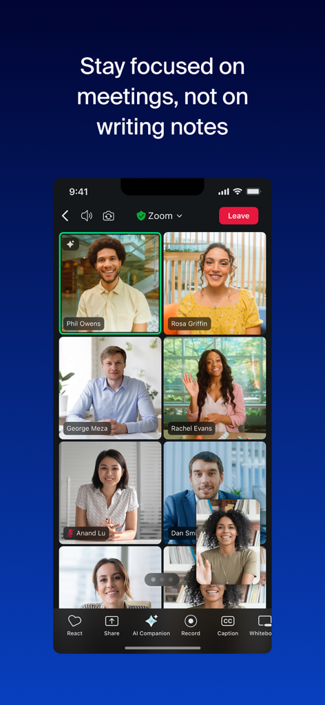 Zoom Workplace 모바일 인터페이스에 AI 컴패니언 기능이 강조된 다자간 영상 통화 표시