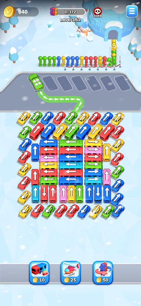 Car Jam 3D: Bus parking Master - Gameplay of Car Jam 3D showing a winter level with colorful buses and passengers in a parking puzzle