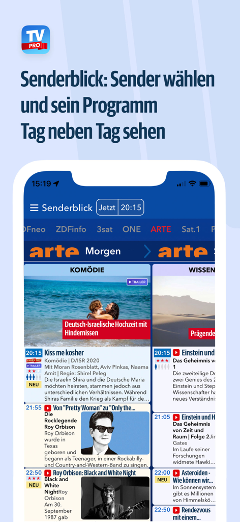 TV Pro TV-Programm + Mediathek - TV Pro app interface displaying a detailed program schedule for the ARTE channel